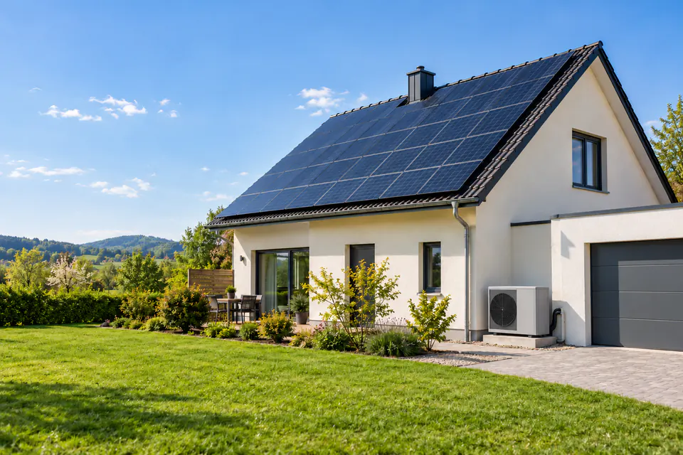Einfamilienhaus mit Photovoltaikanlage auf dem Dach und Luft-Wärmepumpe im Garten