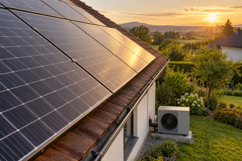 Einfamilienhaus mit Photovoltaik-Anlage auf dem Dach und Wärmepumpe an der Hauswand