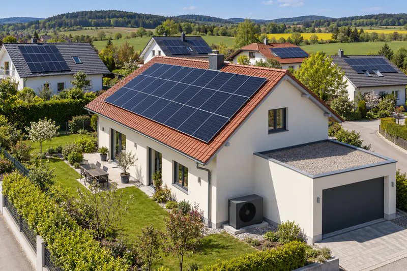 Einfamilienhäuser mit Photovoltaik auf dem Dach und Luft-Wärmepumpe im Garten