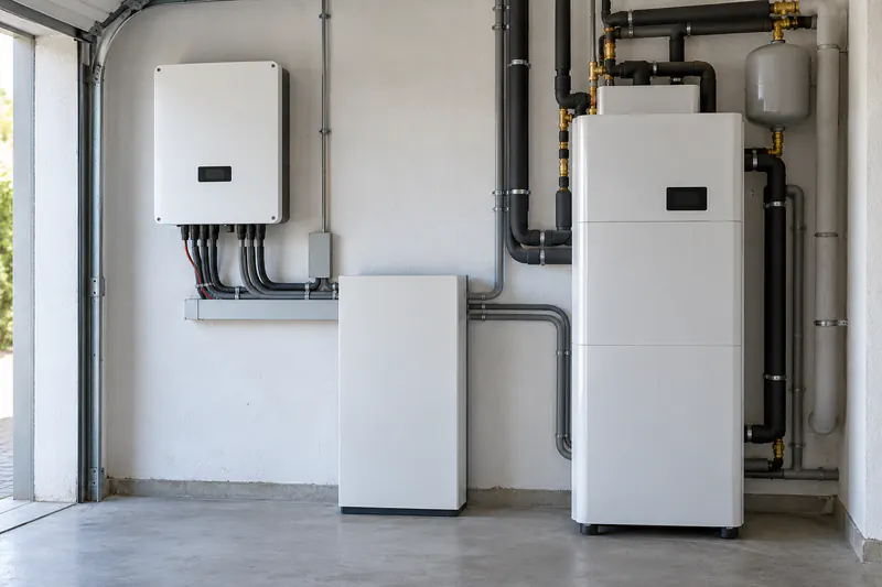 Wechselrichter, Batteriespeicher und Wärmepumpe mit Steuerung im Technikraum
